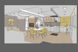 Заказать в г. Прага Блиц-дизайн-проект интерьера «от производителей» . Кухня-гостиная 32 м2. Вид 2